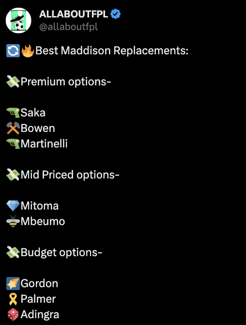 Top replacements for Maddison ahead of FPL GW12:
