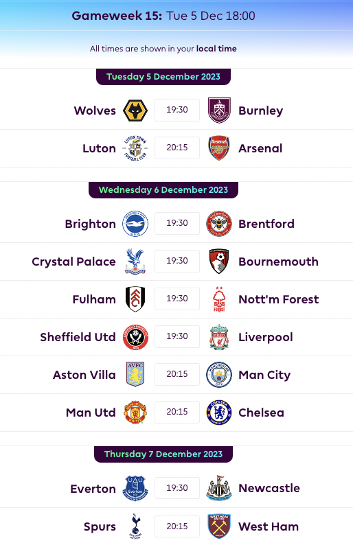 FPL GW15 Fixtures