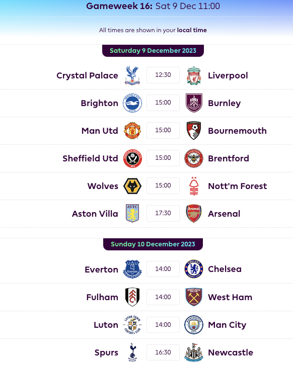 FPL GW16 Fixtures