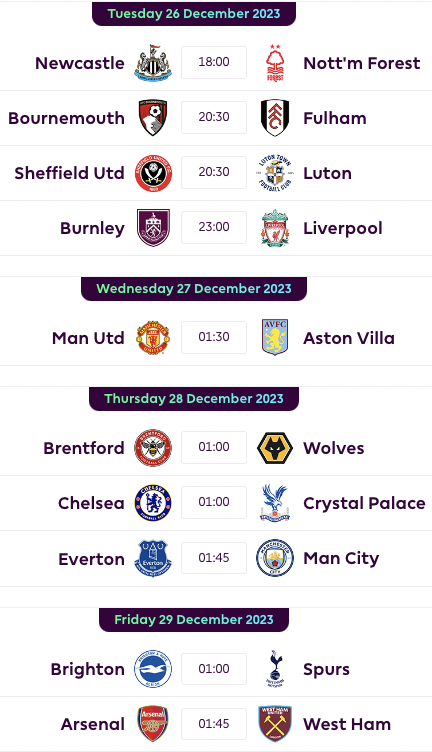 FPL GW19 Fixtures