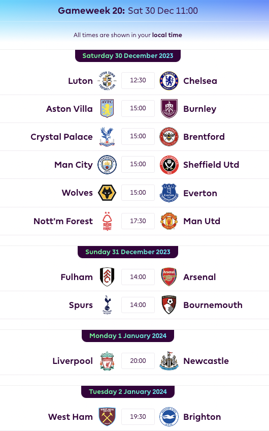 FPL GW20 Fixtures