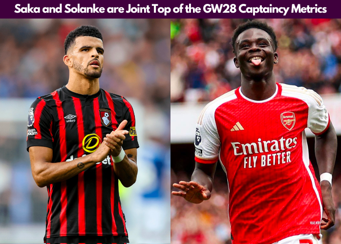Solanke and Saka tops our FPL Gameweek 28 Captaincy Metrics hence becoming the best FPL GW28 Captain Picks according to our captaincy metrics