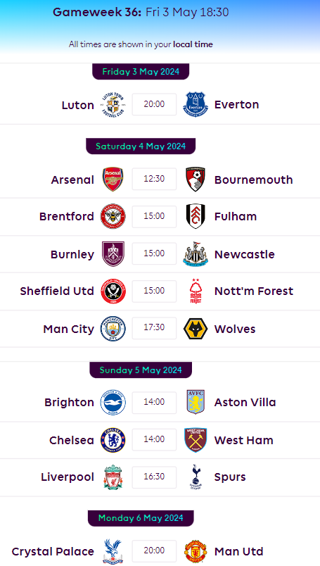 FPL GW36 Fixtures