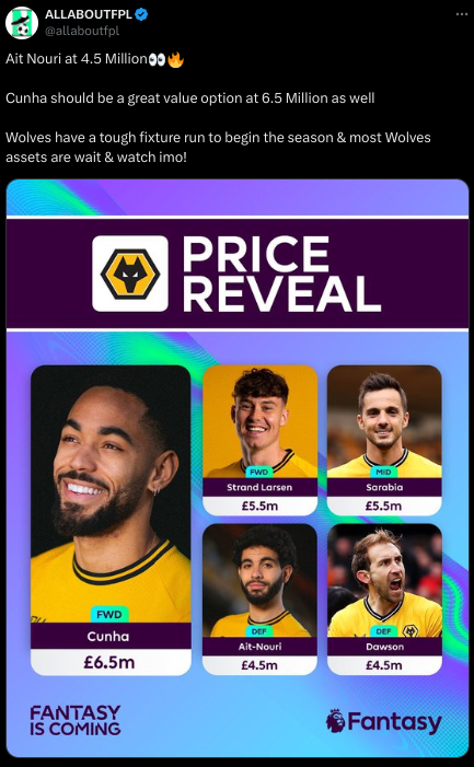 Wolves price reveal FPL GW1