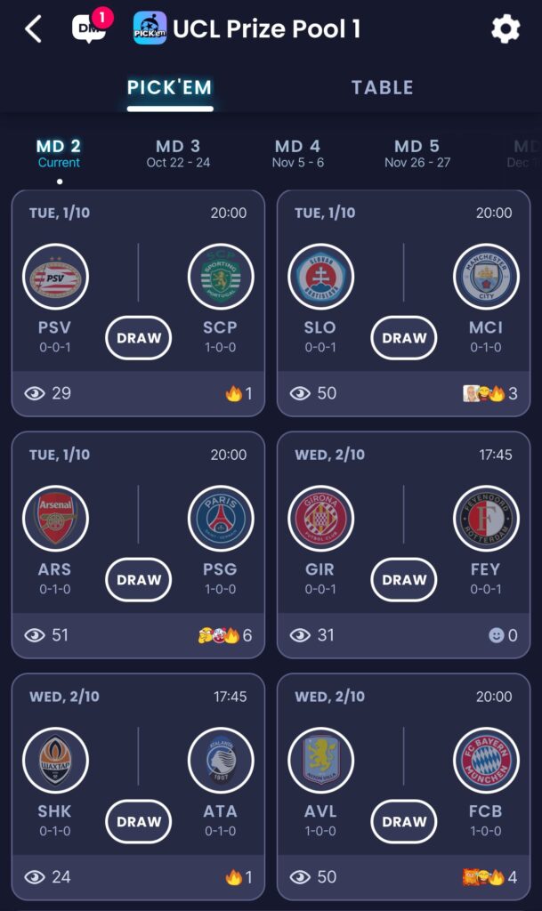 UCL Prediction Game MD2 Fixtures 