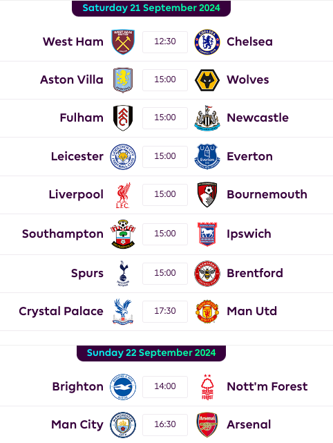 Premier League GW5 Fixtures