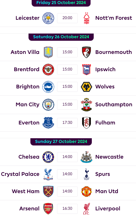 FPL GW9 Fixtures