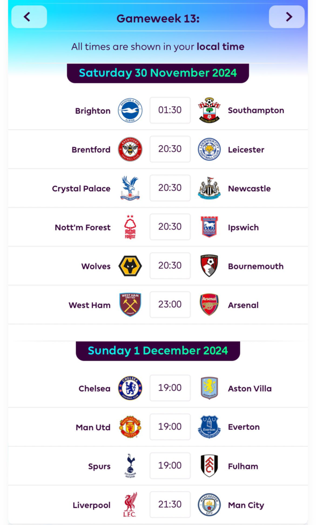 FPL GW13 Fixtures 