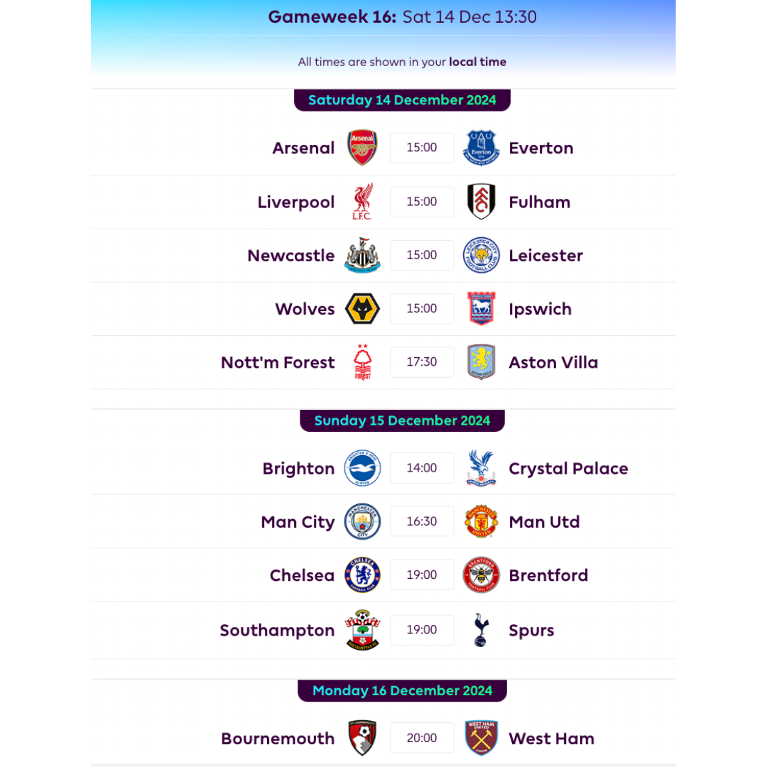 FPL GW16 Fixtures