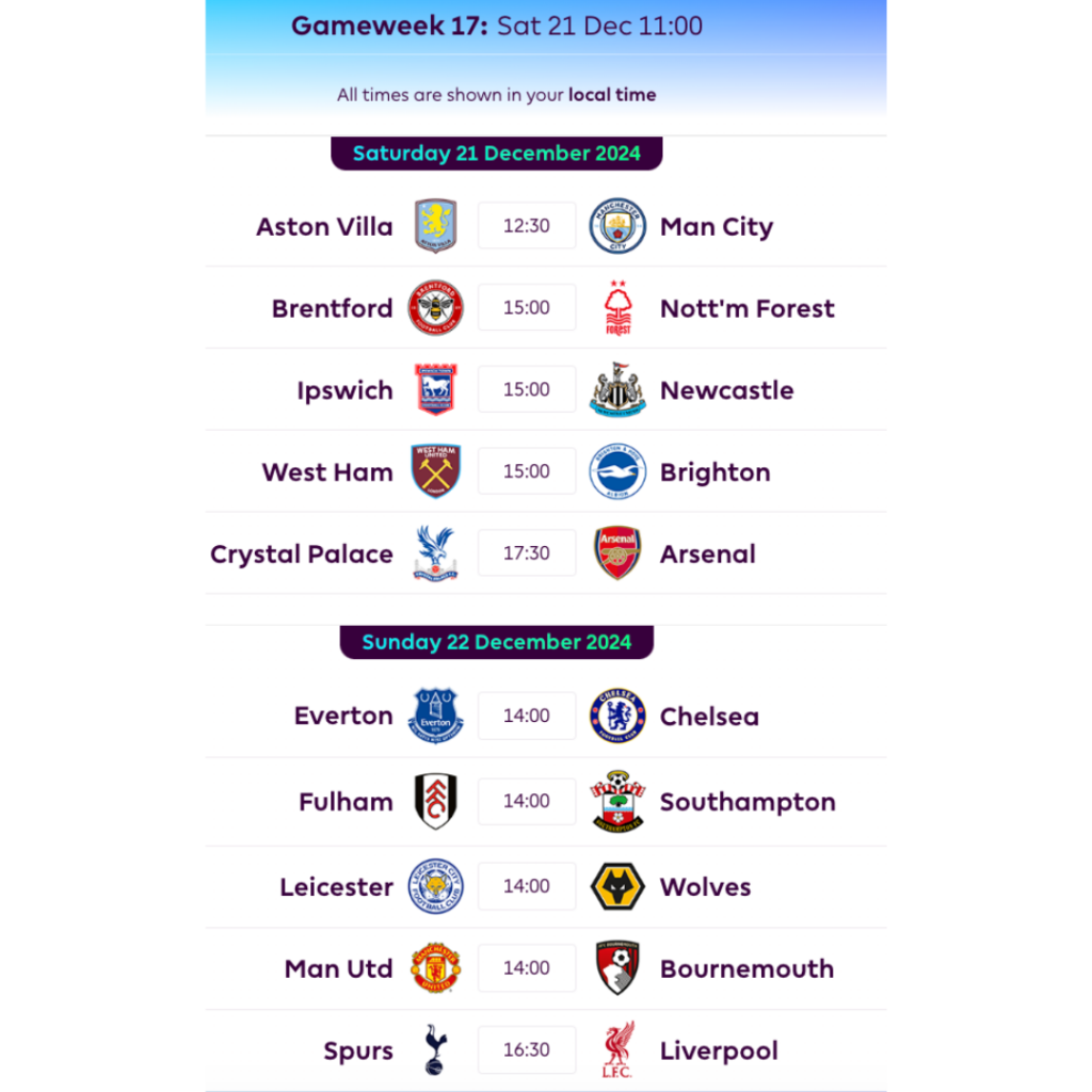 FPL GW17 Fixtures