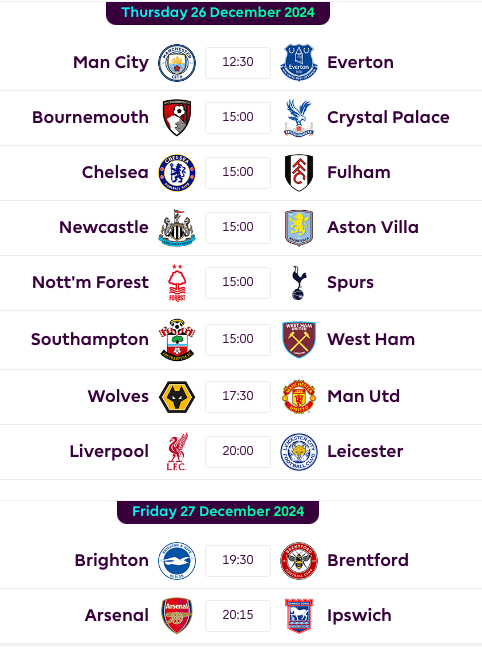 FPL GW18 Fixtures