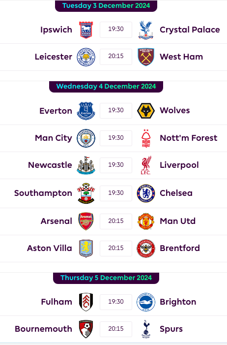 FPL GW14 Fixtures