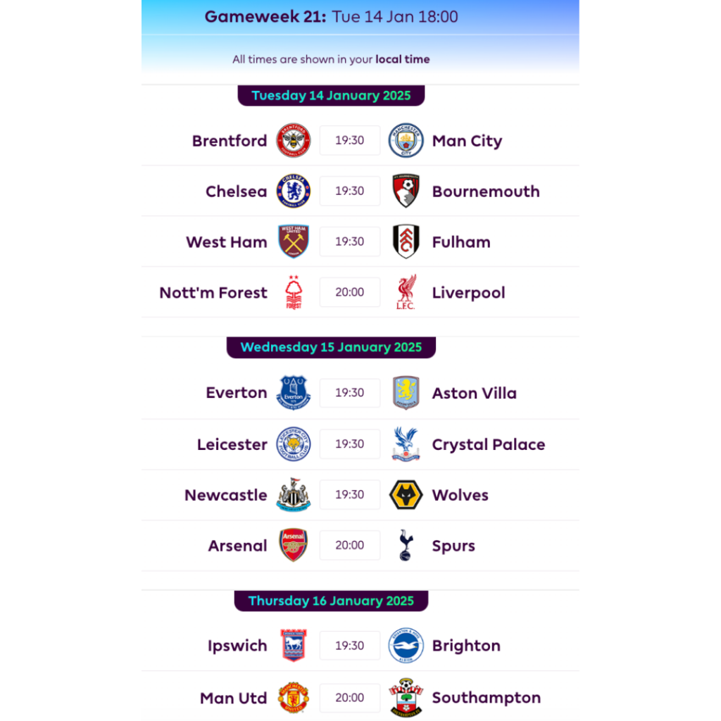 FPL GW21 Fixtures