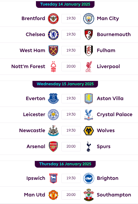 FPL GW21 Fixtures