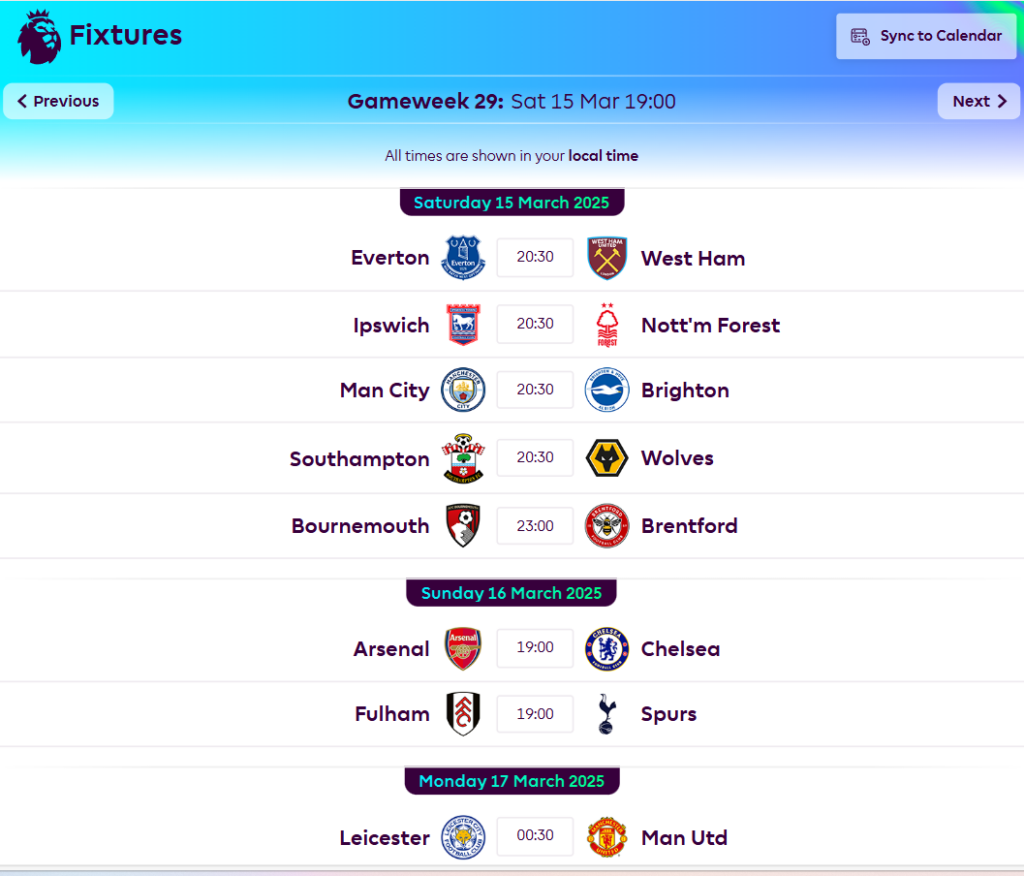 FPL GW29 Fixtures