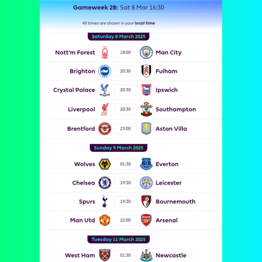 FPL GW28 Fixtures