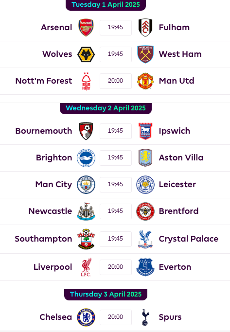 FPL GW30 Fixtures