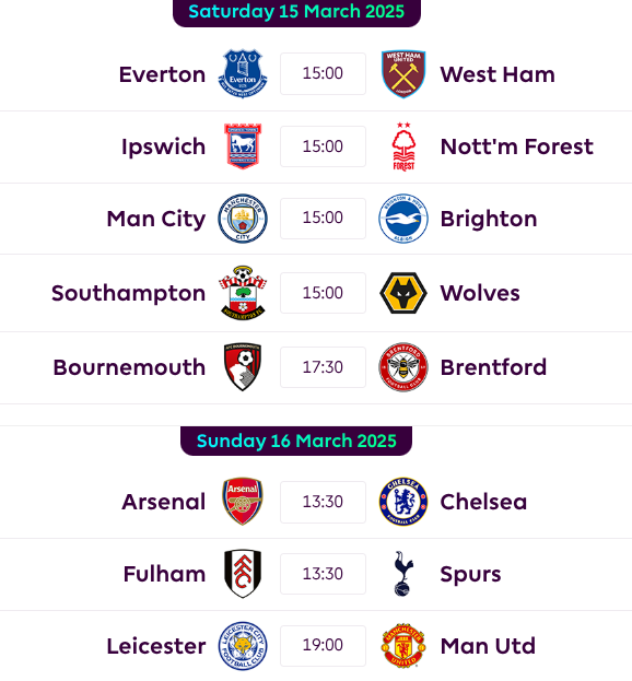 FPL GW29 Fixtures