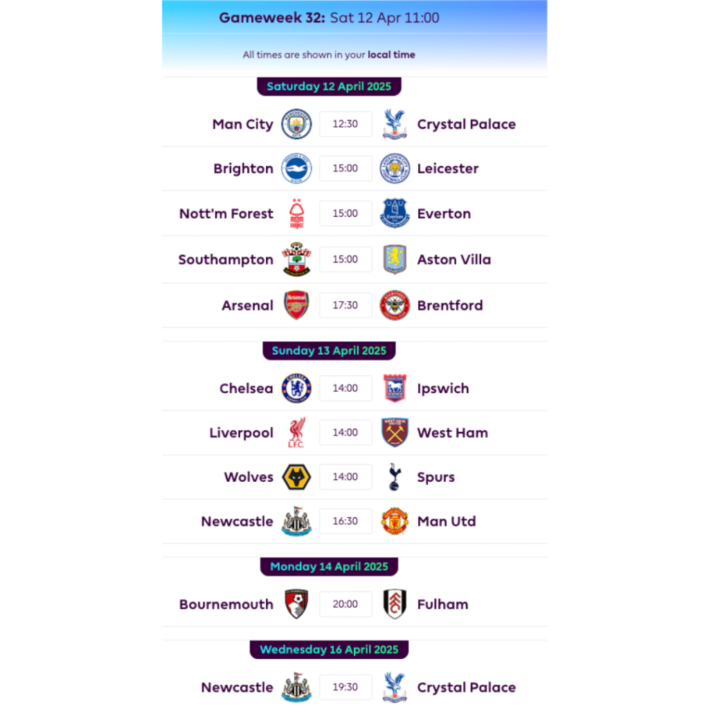 FPL GW32 Fixtures
