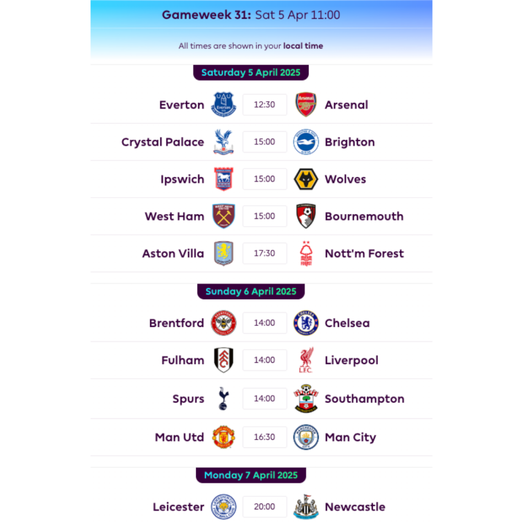 FPL GW31 Fixtures