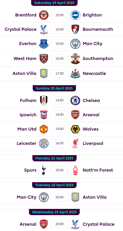 FPL GW33 Fixtures