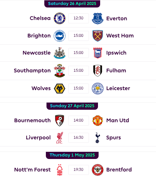 FPL GW34 Fixtures