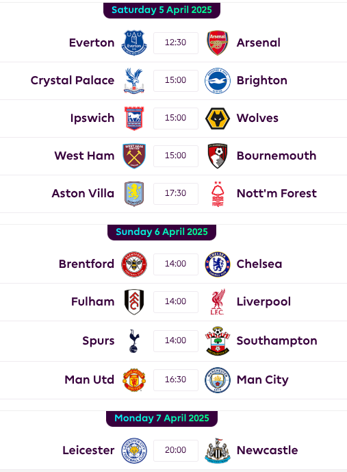 Fixtures FPL GW31