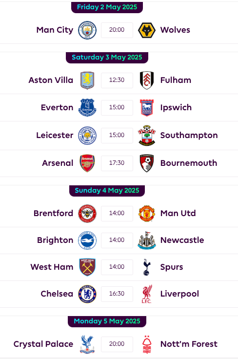 FPL GW35 Fixtures