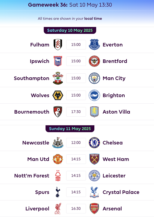 FPL GW36 Fixtures