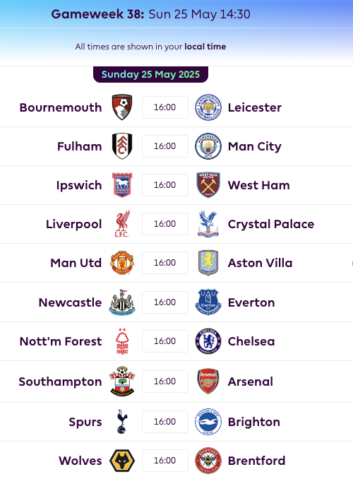 FPL GW38 Fixtures