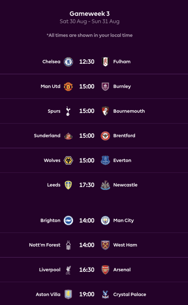 FPL GW3 Fixtures
