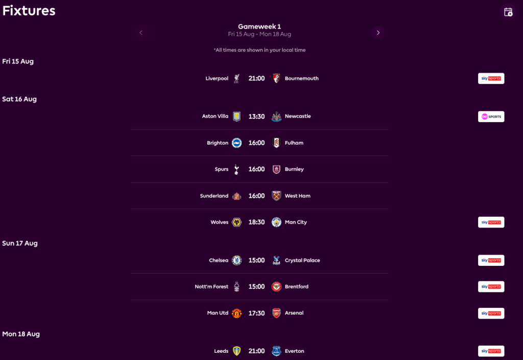 FPL GW1 Fixtures