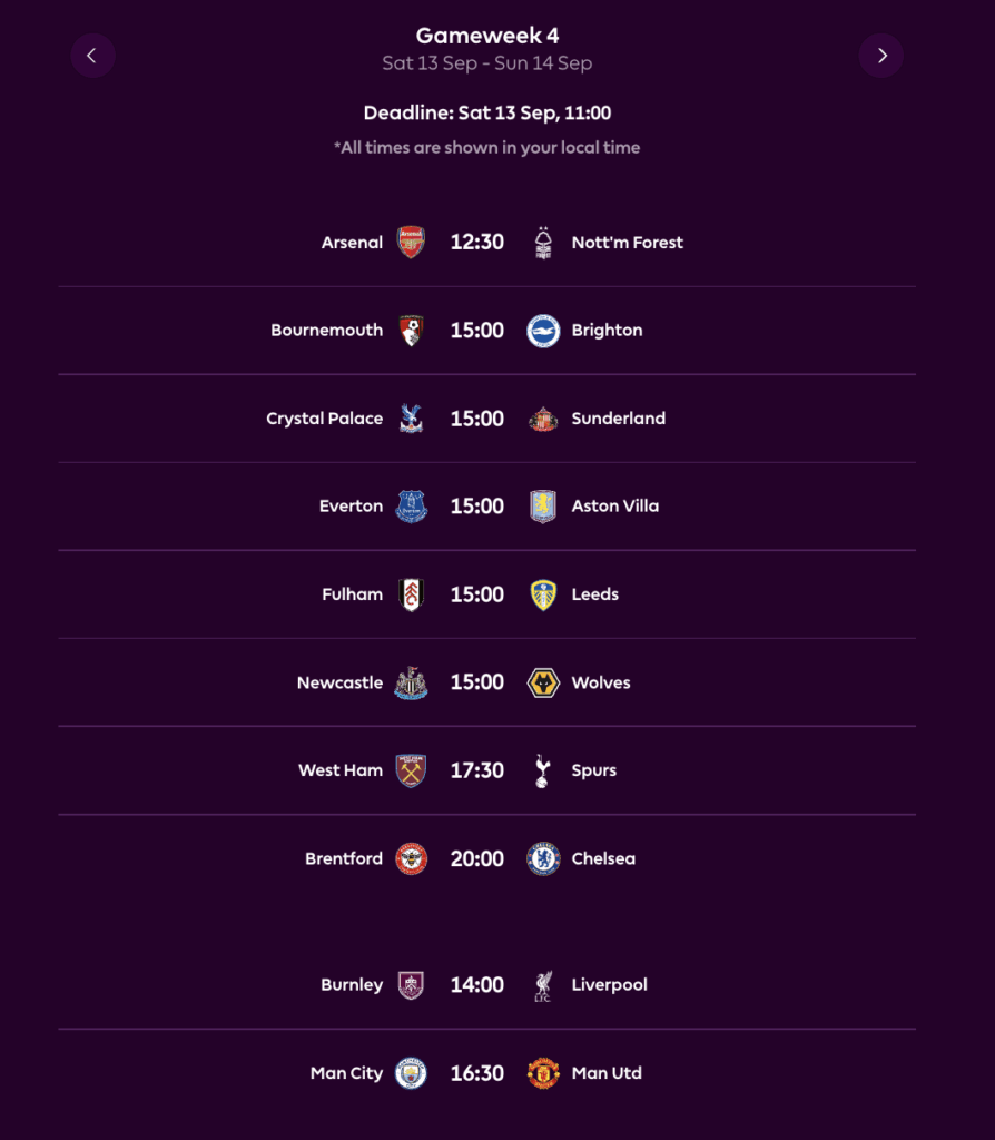 FPL GW4 Fixtures