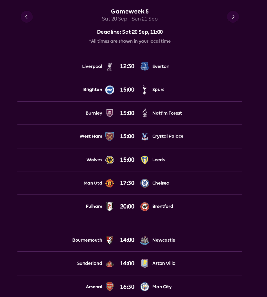 FPL GW5 Fixtures
