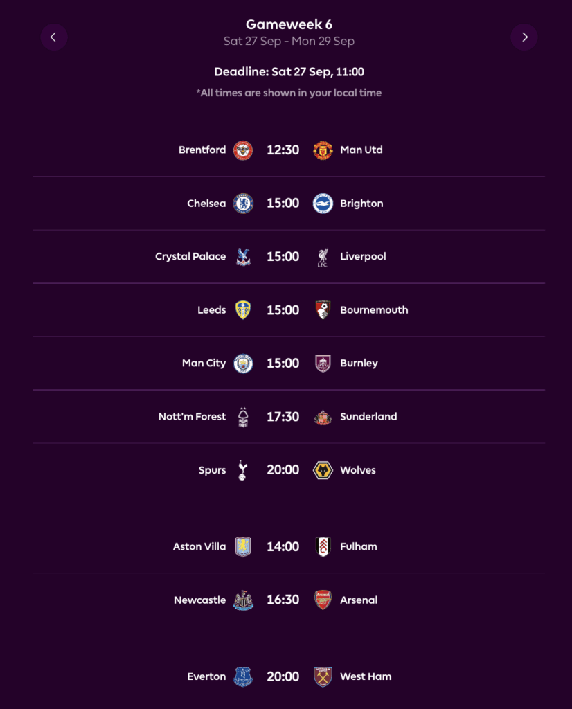 FPL GW6 Fixtures