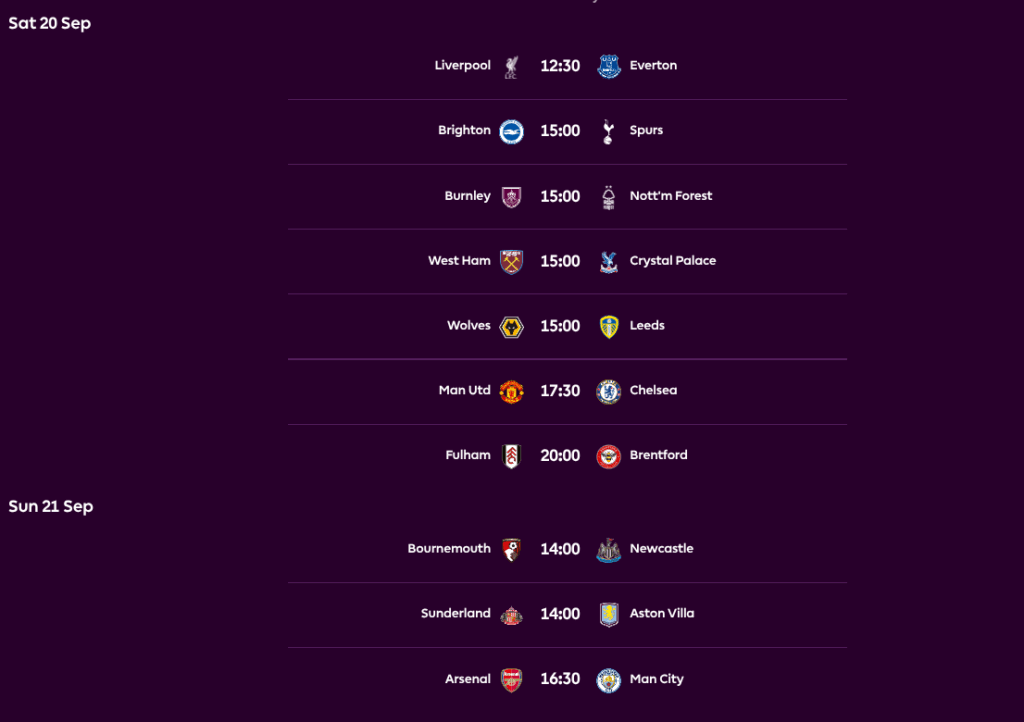 FPL GW5 Fixtures