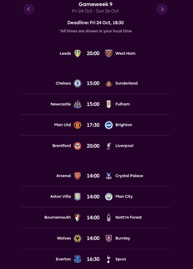 FPL GW9 Fixtures