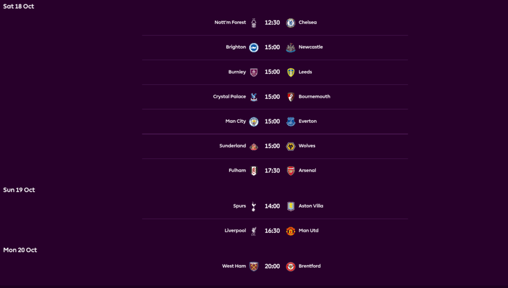 FPL GW8 Fixtures