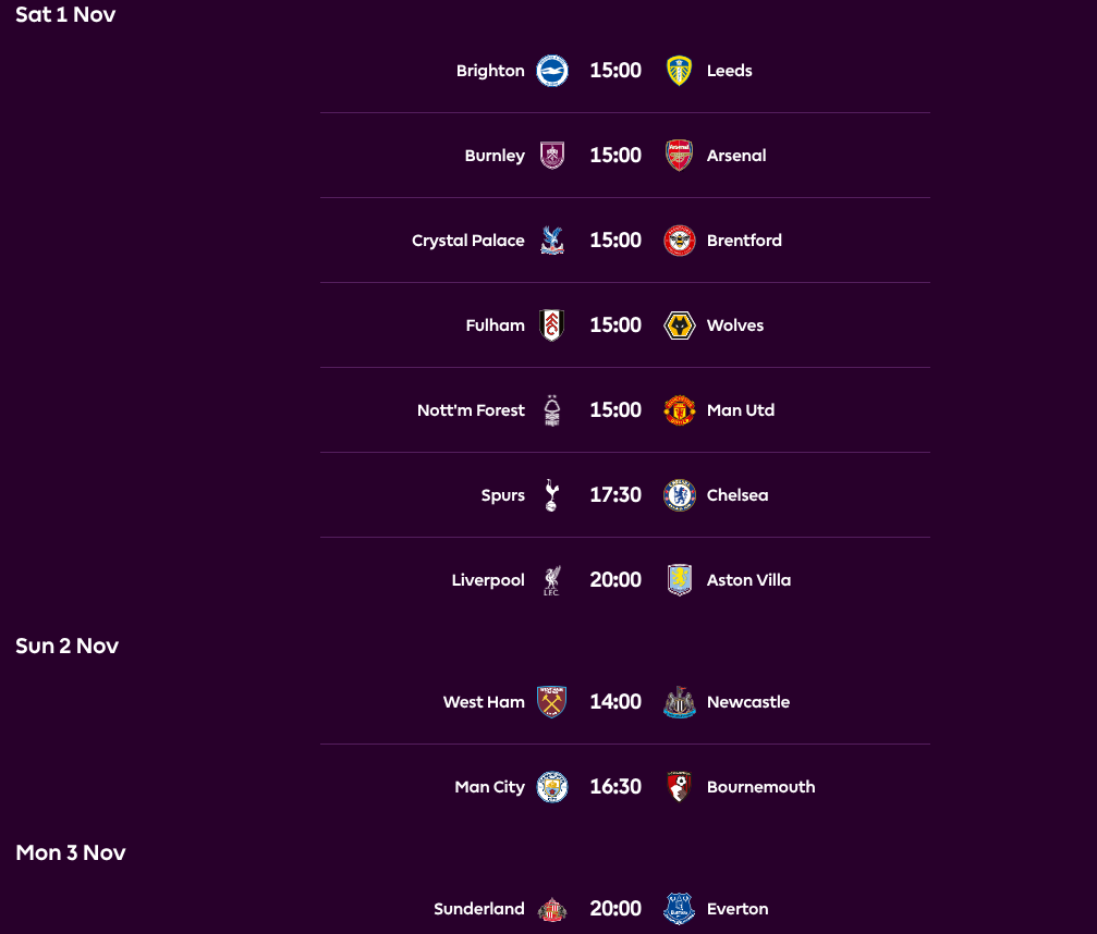 FPL GW10 Fixtures