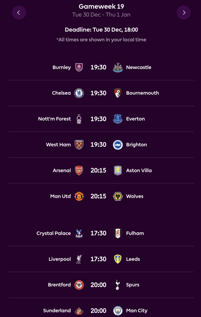FPL GW19 Fixtures