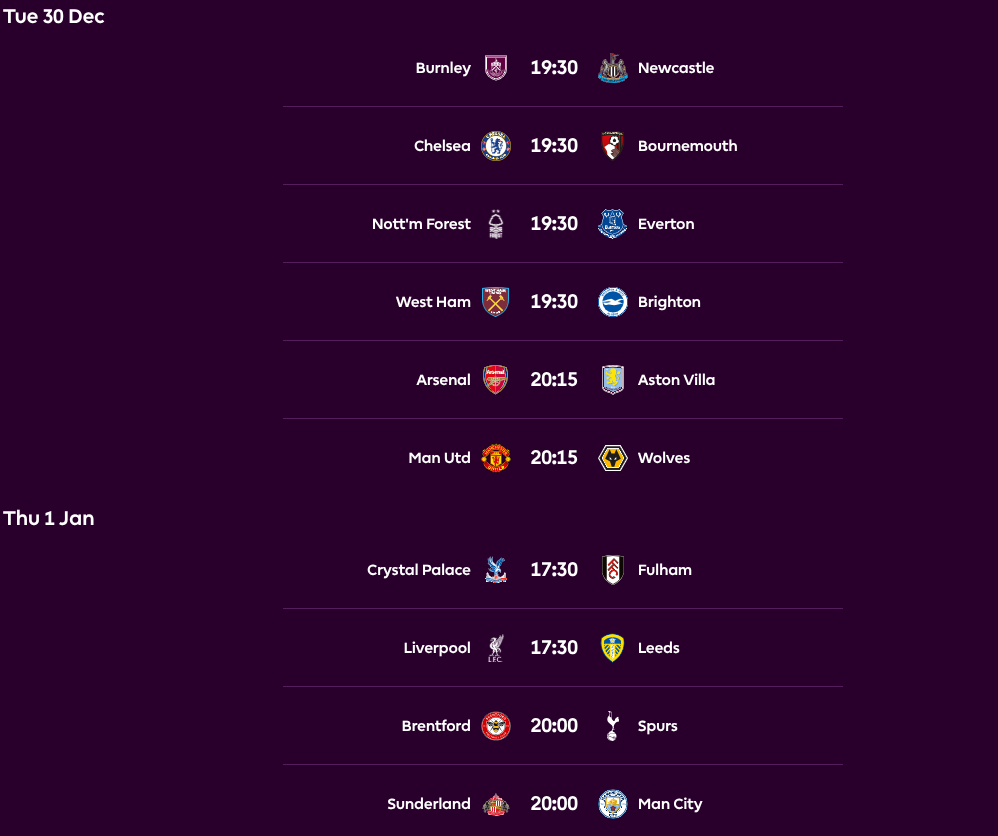 FPL GW19 Fixtures