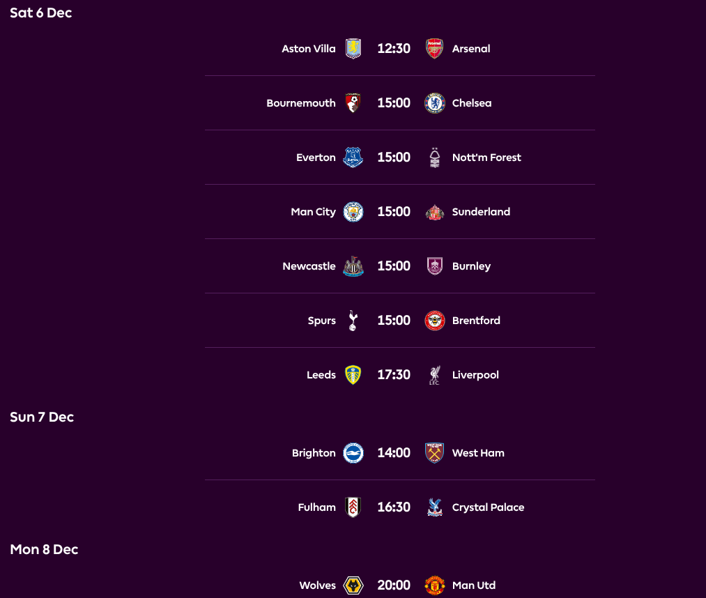 FPL GW15 fixtures