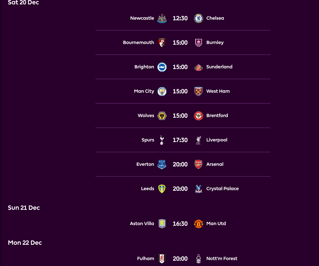 FPL GW17 Fixtures