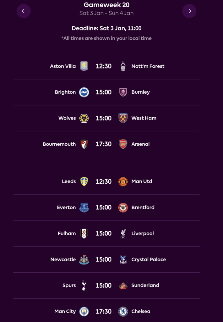 FPL GW20 Fixtures