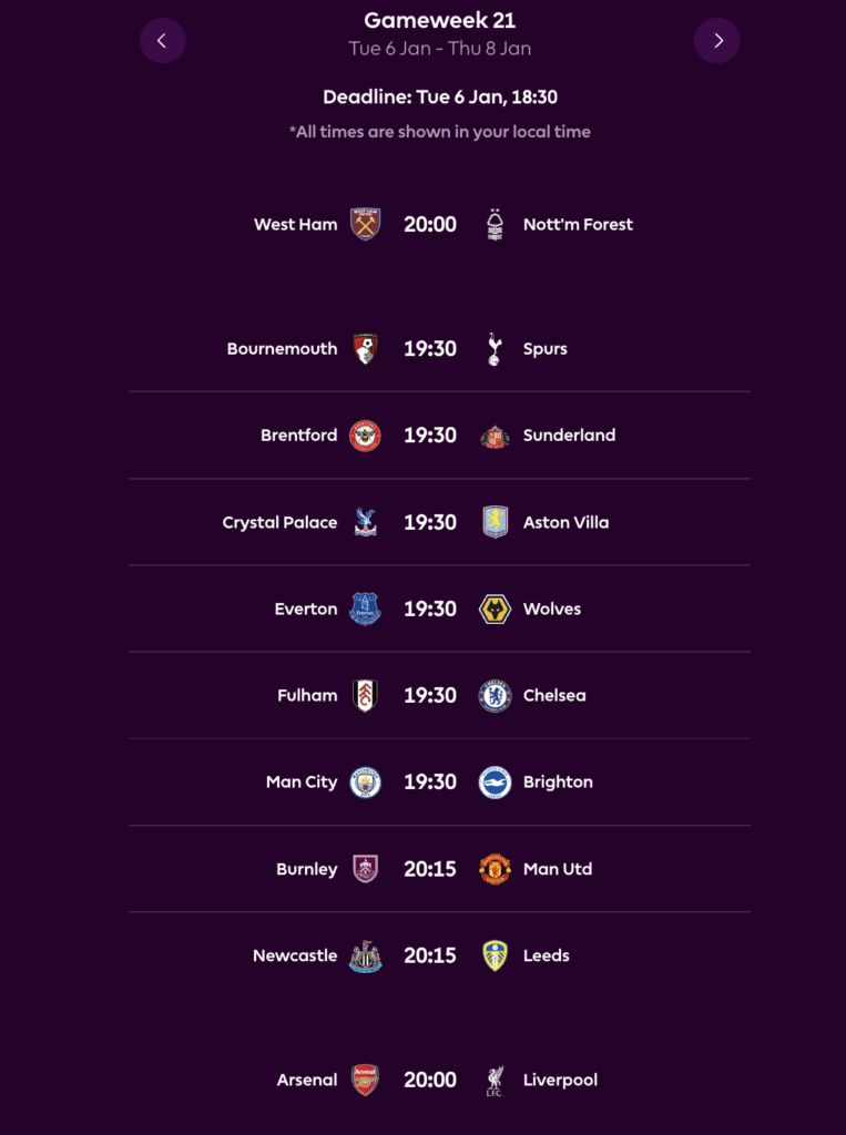 FPL GW21 Fixtures