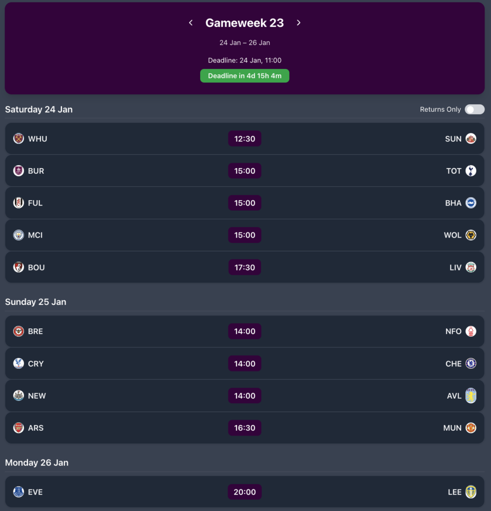 FPL GW23 Fixtures