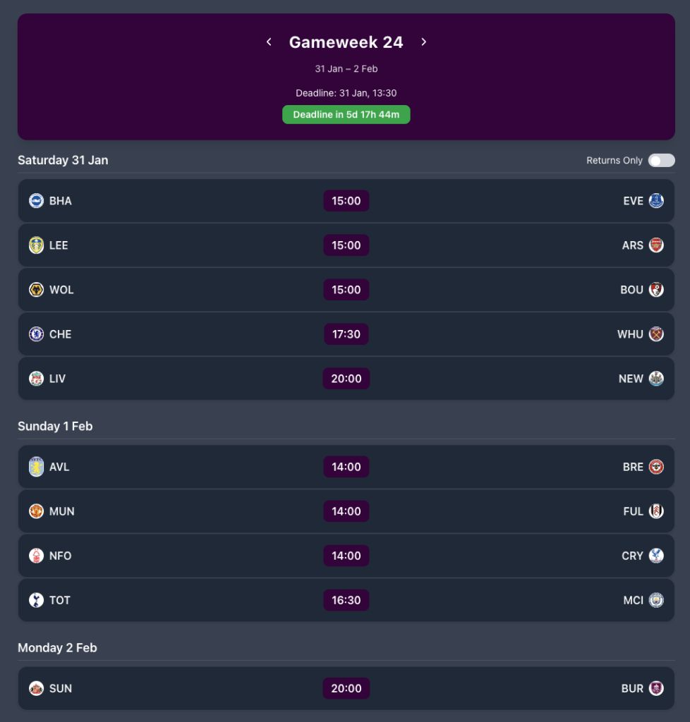 FPL GW24 Fixtures