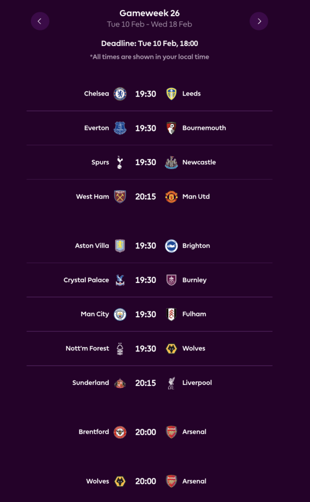 FPL GW26 Fixtures