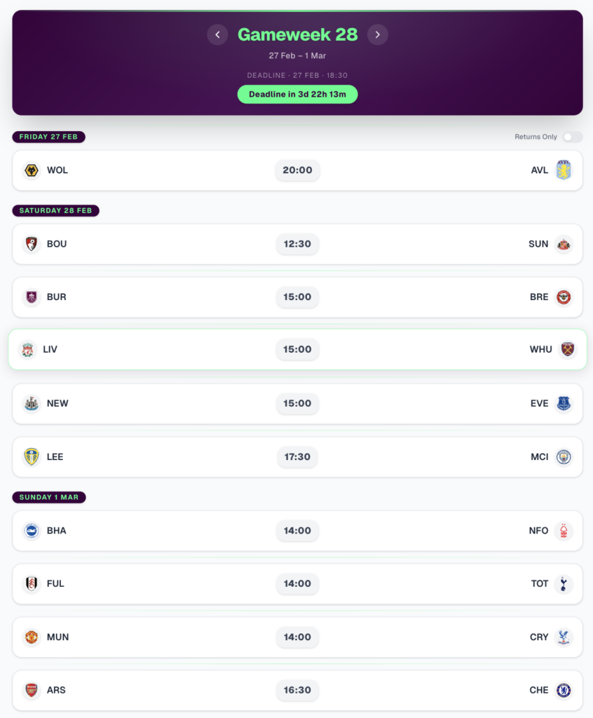 Jadwal Pertandingan FPL GW28
