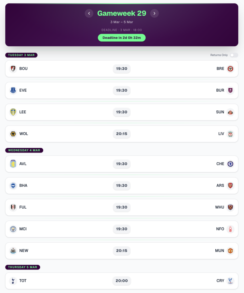 Jadwal Pertandingan FPL GW29